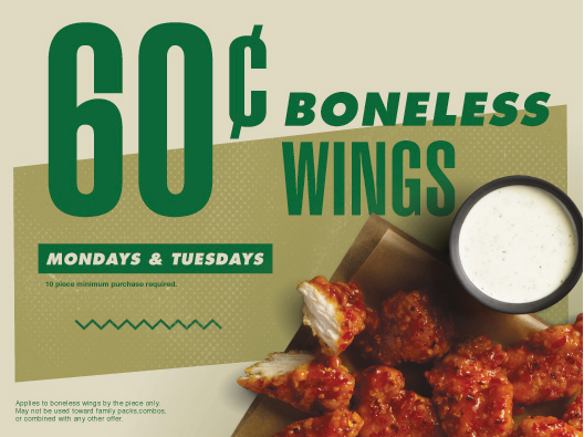 Sixty Cent Boneless Wings Available At Participating Locations